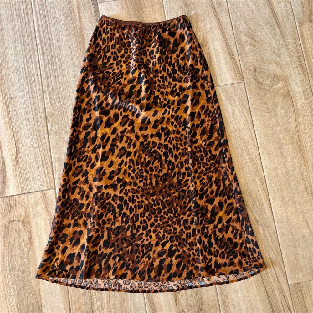 A New Day Skirt Womens XS Brown Leopard Print Satin Slip Midi Pull On